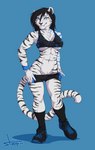 2016 abs absurd_res anthro athletic athletic_anthro athletic_female big_breasts biped black_body black_fur black_hair blue_eyes bottomwear bra breasts clothed clothing felid feline female fur hair hi_res leucistic mammal midriff mila_(mrtweek) multicolored_body multicolored_fur pantherine scar shorts simple_background skimpy smile solo sports_bra standing stoopix stripes tiger under_boob underwear white_body white_fur wristband