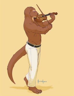 anthro barefoot biceps biped bottomwear bow_(stringed_instrument) bowed_string_instrument brown_body brown_fur brown_nose claws clothed clothing eyes_closed feet fur holding_object male muscular muscular_anthro muscular_male musical_instrument pants paws playing_music playing_violin side_view simple_background solo standing string_instrument tail topless violin yellow_background meesh lunden mammal mustelid otter 2013 digital_media_(artwork)