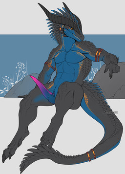 animal_genitalia anthro black_body blue_body boulder claws erection genital_slit genitals horn male male_anthro penis rock sharp_teeth sitting solo tail tapering_penis teeth text adalfyre mythology dragon mythological_creature mythological_scalie scalie artist_name hi_res