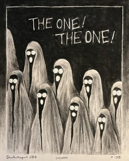 ambiguous_gender border bulging_eyes choir hooded_cloak mysterious_figure open_mouth singing small_iris text white_eyes sharkinthepark humanoid 2026 4:5 absurd_res charcoal_(artwork) comic english_text greyscale hi_res monochrome traditional_media_(artwork)