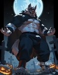 abs anthro areola arm_wraps barazoku belly biceps big_bulge big_muscles body_hair bottomwear bulge cape cemetery claws cloak clothed clothing cross detailed_background food fruit full_moon fur happy_trail holidays hood huge_bulge huge_muscles jack-o'-lantern kemono leg_wraps looking_at_viewer low-angle_view male moon muscular muscular_anthro muscular_male navel night nipples obliques open_mouth open_smile outside pants pecs plant pubes pumpkin red_sclera serratus sky smile solo standing star teeth text tombstone tuft wraps zero_087 dreamworks halloween puss_in_boots_(franchise) death_(puss_in_boots) canid canine canis mammal wolf 2024 english_text hi_res