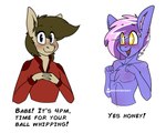 anthro blush clothed clothing dialogue duo looking_at_viewer male nude open_mouth simple_background text conditional_dnp whisperfoot dick_flattening hasbro my_little_pony berry_frost fan_character equid equine mammal 2020 digital_media_(artwork) english_text meme