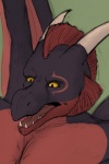 2015 anthro bust_portrait clothed clothing dragon hair horn male mythological_creature mythological_scalie mythology omi_softpaws open_mouth portrait scalie scar simple_background solo teeth tongue topless wings