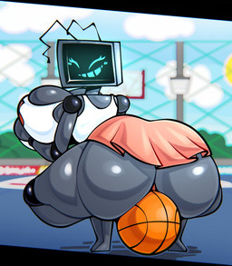 ball basket basketball basketball_(ball) basketball_court basketball_uniform big_breasts big_butt blush blush_lines bottomwear breasts butt clothed clothing cloud container crouching female grey_body hand_on_breast machine not_furry on_ground orange_clothing outside screen screen_face shirt sitting sitting_on_ball skirt smile solo sportswear sun tank_top thick_thighs topwear uniform white_clothing kaizocns friday_night_funkin' fan_character hex_(yingyang48) humanoid robot robot_humanoid digital_media_(artwork)