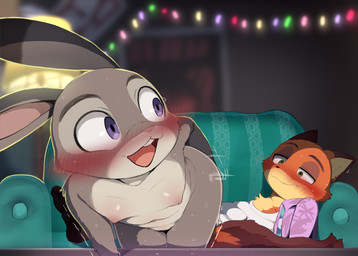 anthro areola biped blush bodily_fluids breasts clothed clothed_male clothing detailed_background duo female fur genital_fluids grey_body grey_fur inside looking_back male nipples nude nude_female orange_body orange_fur pink_nipples presenting pupils purple_eyes smile teeth thick_thighs tongue vaginal_fluids dagasi disney zootopia judy_hopps nick_wilde canid canine european_rabbit fox lagomorph leporid mammal oryctolagus rabbit red_fox true_fox 2025 hi_res