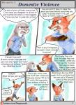 anthro clothing domestic_violence female fur humor male text the_gory_saint disney zootopia judy_hopps nick_wilde canid canine european_rabbit fox lagomorph leporid mammal oryctolagus rabbit red_fox true_fox absurd_res comic english_text hi_res url