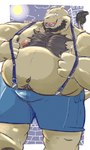 2024 anthro beard belly big_belly blush bottomwear clothing dain_4201 facial_hair felid hi_res kemono lion male mammal moobs moon navel nipples outside overweight overweight_male pantherine shorts solo suspenders