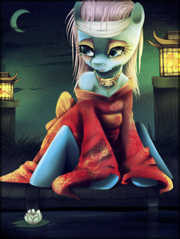 accessory anthro anthrofied biped blue_eyes bodily_fluids chinese clothed clothing crying detailed_background female frown hair headband jewelry lamp lantern lily_pad moon necklace paper_lantern pink_hair plant sad sitting solo star tears water imalou friendship_is_magic hasbro my_little_pony lotus_(mlp) earth_pony equid equine horse mammal pony 3:4 hi_res