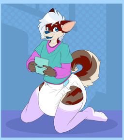 5_fingers ambiguous_gender anthro big_diaper blue_border blue_clothing blue_fingernails blue_nails blue_nose blue_shirt blue_tongue blue_topwear border brown_body brown_fur brown_tail clean_diaper clothed clothing colored_nails diaper dotted_background fangs fingernails fingers footwear fur grey_hair hair holding_object kneeling layered_clothing legwear multicolored_body multicolored_fur multicolored_tail nails open_mouth open_smile pattern_background pink_inner_ear purple_clothing purple_footwear purple_legwear purple_shirt purple_socks purple_thigh_highs purple_thigh_socks purple_topwear red_body red_fur red_stripes red_tail shirt simple_background smile socks solo striped_body striped_fur stripes tail tan_body tan_fur tan_tail teeth thigh_highs thigh_socks three-quarter_view tongue topwear v-neck wearing_diaper white_diaper bubblepuppers nintendo nintendo_ds_family dakota_(dakotafloof) canid canine canis domestic_dog husky mammal nordic_sled_dog spitz full-length_portrait hi_res portrait