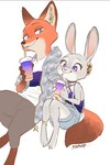 anklet anthro beverage bottomwear clothing collar drinking duo ear_piercing ear_ring female jacket jewelry male overalls pants piercing ring_piercing star topwear memegmu disney zootopia judy_hopps nick_wilde canid canine fox lagomorph leporid mammal rabbit red_fox true_fox