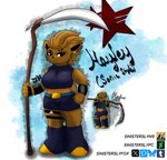 anthro armor black_nose bottomwear bracelet breasts brown_body brown_fur brown_hair clothed clothed_anthro clothed_female clothing crop_top deathly_hallows female fur gauntlets gloves hair hand_on_hip handwear holding_melee_weapon holding_object holding_weapon jewelry leg_strap logo_background melee_weapon polearm purple_bottomwear purple_clothing purple_crop_top purple_shirt purple_shorts purple_topwear scythe shirt shorts simple_background simple_coloring solo spiky_hair text topwear weapon sinisterslyfox animal_humanoid bear humanoid mammal mammal_humanoid ursid_humanoid absurd_res english_description english_text hi_res shaded simple_shading soft_shading