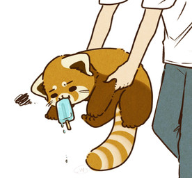 anthro black_eyes black_nose bottomwear brown_body carrying_another chibi clothing dot_eyes duo feral kemono pants shirt simple_background simple_eyes topwear white_background shi_nominmin ailurid human mammal red_panda 2024 hi_res