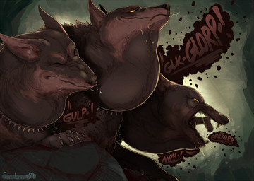 3_heads 4_toes ambiguous_gender ambiguous_prey black_claws black_nose bodily_fluids brown_body brown_fur brown_inner_ear_fluff claws collar duo feet feral fur human_prey imminent_death inner_ear_fluff larger_pred male male_pred multi_head neck_bulge orange_eyes rock saliva sharp_teeth size_difference spiked_collar spikes teeth toes tuft vore pardusliberty canid canine human mammal 2024