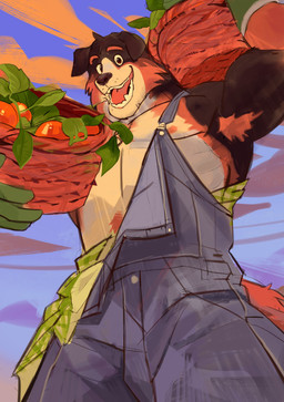 anthro armpit_hair basket body_hair brown_eyes clothing container food fruit fur gloves handwear holding_object male muscular muscular_anthro muscular_male open_mouth open_smile orange_(fruit) outside overalls plant sky smile solo macholobo australian_shepherd canid canine canis domestic_dog herding_dog mammal pastoral_dog sheepdog 2025 absurd_res hi_res
