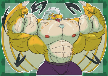 2_horns alchemical_symbol anthro barazoku big_muscles big_pecs boxer_briefs bursting_out_of_clothing chest_gem clothed clothing clothing_scraps countershade_torso countershade_wings countershading flexing flexing_bicep flexing_both_biceps front_view gem green_background growth hair horn huge_muscles huge_pecs hyper hyper_biceps hyper_muscle_growth hyper_muscles hyper_pecs male membrane_(anatomy) membranous_wings muscle_growth muscular muscular_anthro muscular_male nipples non-mammal_nipples pattern_background pecs pupils purple_boxer_briefs purple_clothing purple_eyes purple_underwear shirtless_anthro shirtless_male simple_background solo spread_wings star_pupils symbol symbol-shaped_pupils teeth tongue torn_clothing underwear underwear_only unusual_pupils white_hair white_horn wings yellow_body grandtaurus european_mythology mythology solomon_astra_(character) dragon mythological_creature mythological_scalie scalie sun_dragon western_dragon absurd_res hi_res shaded