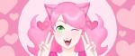 abstract_background clothing double_v_sign fur gesture green_eyes hair hand_gesture heart_symbol looking_at_viewer one_eye_closed open_mouth pink_body pink_fur pink_hair sharp_teeth solo teeth v_sign wink shockolat_(artist) mew_mew_kissy_cutie undertale undertale_(series) mew_mew_(undertale) animal_humanoid cat_humanoid felid felid_humanoid feline feline_humanoid humanoid mammal mammal_humanoid 2015 bust_portrait portrait