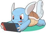 anthro blue_body blue_scales brown_shell countershading fluffy fluffy_ears fluffy_tail grass happy holding_object licking licking_lips logo lying male on_front plant pokeball pokeball_(marking) scales shell simple_background smile solo tail tongue tongue_out wide_eyed colrblnd nintendo nintendo_switch pokemon generation_1_pokemon pokemon_(species) wartortle