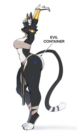 anthro big_butt black_body black_fur breasts butt clothed clothing ear_piercing female fur jewelry piercing side_view simple_background smile solo tail text tuft whiskers white_background white_body white_fur yellow_sclera muart242 evil_container bacardi_(muart242) domestic_cat felid feline felis mammal absurd_res hi_res meme