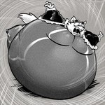 1:1 absurd_res anthro belly big_belly body_inflation clothed clothing eyewear eyewear_on_head fur goggles goggles_on_head greyscale hi_res immobile inflation lying male mammal monochrome moobs motion_lines obese obese_anthro obese_male on_front open_mouth overweight overweight_anthro overweight_male rolling scared screaming solo unknown_species xinjinmeng