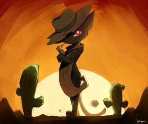 ambiguous_anthro ambiguous_gender anthro biped black_body black_fur cactus clothed clothed_ambiguous clothed_anthro clothing cowboy_hat crossed_arms desert eye_scar facial_scar fur glowing glowing_eyes glowing_pupils gun hat hat_over_eye headgear headwear holding_gun holding_object holding_ranged_weapon holding_weapon one_eye_obstructed plant pointy_ears poncho prick_ears ranged_weapon red_eyes scar slim_ambiguous slim_anthro solo standing sun sunset tail weapon wild_west luunah48 mewgenics zodiac_(mewgenics) domestic_cat felid feline felis mammal 2026 digital_drawing_(artwork) digital_media_(artwork) full-length_portrait hi_res portrait signature male_(lore)