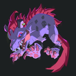 claws colored_nails feral fur hair male nails pawpads purple_body purple_fur red_eyes red_hair sharp_teeth smile solo teeth tongue tongue_out 765nanami bandai_namco digimon digimon_beatbreak digimon_(species) hyemon hi_res