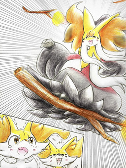 ambiguous_gender anthro black_body black_fur blush blush_lines bodily_fluids crying duo eyes_closed feral fire fur happy inner_ear_fluff multicolored_body open_mouth orange_body orange_eyes orange_fur solo stick tears tears_of_joy tongue tuft white_body white_fur yellow_body yellow_fur eiroru nintendo pokemon pokemon_legends_z-a braixen fennekin generation_6_pokemon generation_9_pokemon mega_delphox mega_evolution pokemon_(species) 2025 graphite_(artwork) hi_res traditional_media_(artwork)