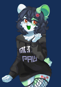 accessory anthro blush clothing curly_hair eyelashes female fishnet_clothing fishnet_legwear flower flower_in_hair fluffy fluffy_tail fur green_body green_fur hair hair_accessory hoodie legwear plant raised_arm solo stockings tail text text_on_clothing topwear white_body white_fur chinjireta_(artist) menu_(pawplayfoolery) cricetid hamster hybrid mammal murid murine rat rodent absurd_res alpha_channel hi_res