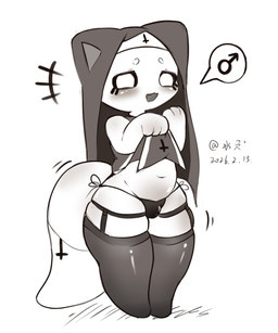 anthro big_tail black_clothing black_legwear black_panties black_sclera black_stockings black_underwear blush bulge circle_eyebrows clothed clothing cross eyebrows garter_straps inverted_cross legwear looking_at_viewer male nun nun_outfit open_mouth panties religious_clothing shortstack shortstack_male side-tie_panties simple_background smile smirk smooth_skin solo stockings tail thick_thighs underwear white_body white_eyes shuiyee shuiye_(shuiyee) ambiguous_species 2026 5:6 dated digital_media_(artwork) hi_res