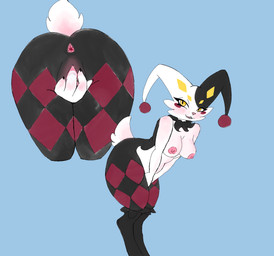 anthro anus black_body black_fur breasts diamond_(marking) female fingering fingering_self fur genitals jester leg_markings markings masturbation pink_nose simple_background solo thigh_markings vaginal vaginal_fingering vaginal_masturbation vulva yellow_eyes starrycat palworld pocketpair dupin_(pal) lagomorph leporid mammal pal_(species) rabbit