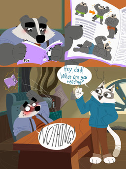 anthro black_body black_nose blush clothing duo hoodie magazine male muscular muscular_male overweight overweight_male shirt sitting solo surprised suspenders text topwear underwear white_body bencomedion beastly_crimes beastly_crimes_(2024) badgercat chief_badger badger domestic_cat felid feline felis mammal mustelid musteline 2026 comic english_text hi_res