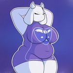 anthro belly big_belly big_breasts breasts clothed clothing dress female hands_behind_head horn navel nipple_outline overweight overweight_anthro overweight_female potbelly simple_background solo thick_thighs meloeatta undertale undertale_(series) toriel boss_monster_(undertale) bovid caprine goat mammal 1:1 colored hi_res