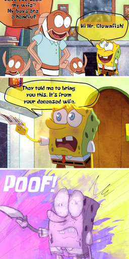 anthro clothed clothing dark_humor detailed_background dialogue female group humor male speech_bubble text what missplayer30 nickelodeon spongebob_squarepants spongebob_squarepants_(character) aquatic cetacean clownfish fish mammal pomacentrid 2024 absurd_res comic english_text hi_res multiple_images