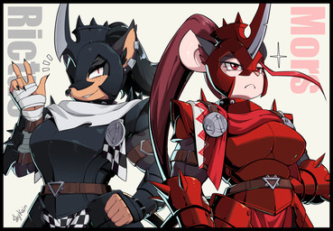 5_fingers anthro armor big_breasts biped black_hair bottomwear breasts claws clothed clothed_anthro clothed_female clothing duo ear_piercing facial_piercing female finger_claws fingers front_view fully_clothed fully_clothed_anthro fully_clothed_female hair headgear helmet inner_ear_fluff looking_at_viewer nose_piercing piercing red_eyes red_hair simple_background smile standing teeth topwear tuft skykain warhammer_(franchise) regina_(skykain) silvia_(skykain) mammal rodent skaven 2025 digital_drawing_(artwork) digital_media_(artwork) hi_res