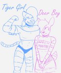 alternate_species anthro bulge clothed clothing crossdressing duo female femboy male muscular text transformation maxfloof max_(maxfloof) maxine_(maxfloof) deer felid hyena mammal pantherine tiger english_text hi_res sketch