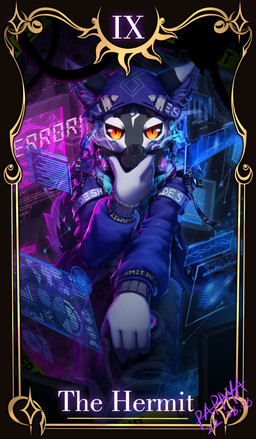 ambiguous_gender anthro blue_clothing blue_topwear clothed clothing ear_piercing ear_ring electronics fur futuristic gas_mask glistening glistening_eyes grey_body grey_fur headphones looking_at_viewer mask monitor orange_eyes piercing pupils ring_piercing slit_pupils solo topwear white_body white_fur papayafurry canid mammal 2022 absurd_res dated hi_res signature