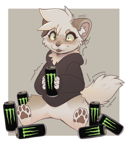 3_fingers anthro blep bottomless brown_pawpads clothed clothing fangs female fingers holding_object inner_ear_fluff motion_lines pawpads pupils simple_background sitting small_pupils solo tail teeth tongue tongue_out tuft whiskers feve monster_energy feve_(oc) mammal mustelid musteline true_musteline weasel 2026 colored colored_sketch digital_drawing_(artwork) digital_media_(artwork) hi_res shaded sketch
