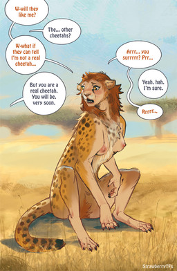 black_spots breasts brown_hair dialogue featureless_crotch female feral fur hair human_to_feral markings mid_transformation offscreen_character savanna small_breasts solo species_transformation spots spotted_body spotted_fur text transformation verbal_reaction_to_tf whiskers yellow_body yellow_fur strawberrytfs cheetah felid feline mammal english_text