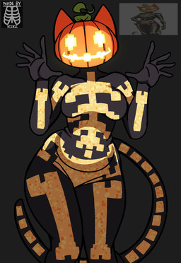anthro breasts female food for_a_head front_view fruit grey_background jack-o'-lantern looking_at_viewer plant pumpkin simple_background skeleton_costume smile solo thick_thighs wide_hips ribznsfw epic_games fortnite spice_(fortnite) domestic_cat felid feline felis mammal object_head hi_res