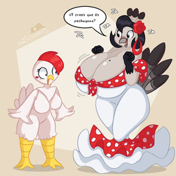 anthro avian_caruncle big_breasts black_hair blush bouncing_breasts breasts brown_body comb_(anatomy) duo female flower hair head_crest huge_breasts markings mole_(marking) mole_on_breast plant short_hair text white_body natycriaarts_(artist) la_pavita_pechugona la_pechugona pavita_pechugona avian bird chicken galliform phasianid turkey 1:1 hi_res spanish_text