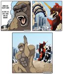 3_heads anthro city claws dialogue fangs fur harashu96 horn humor male membrane_(anatomy) multi_head nude open_mouth red_eyes running scales speech_bubble spikes teeth text tongue yellow_eyes godzilla_(series) godzilla_vs._kong jojo's_bizarre_adventure king_kong_(series) mythology toho destoroyah keizer_ghidorah king_kong ape dragon gorilla haplorhine kaiju mammal megaprimatus_kong monster mythological_creature mythological_scalie primate scalie absurd_res english_text hi_res meme