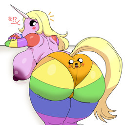 after_transformation anthro anthrofied big_breasts big_butt blonde_hair blush breasts butt clothing clothing_transformation duo erect_nipples female hair horn huge_breasts implied_transformation inanimate_transformation leaning_on_object living_underwear looking_back male male/female motion_lines nipples rainbow_arms rainbow_legs striped_arms striped_legs tail transformation underwear wide_hips yellow_tail gh0stec adventure_time cartoon_network mythology jake_the_dog lady_rainicorn animate_inanimate canid canine canis domestic_dog equid equine living_clothing mammal mythological_creature mythological_equine rainicorn unicorn 1:1 hi_res signature
