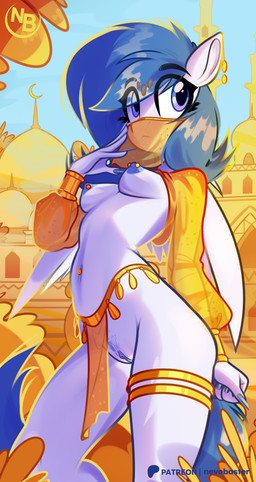 anthro areola barbell_piercing blue_hair breasts butt coin_belt detailed_background eyelashes female genitals hair harem_outfit long_eyelashes navel navel_piercing nipple_piercing nipples outside piercing pubes purple_eyes solo thighlet vulva wings nevobaster mythology fan_character graceful_motion equid equine mammal mythological_creature mythological_equine pegasus 2026 absurd_res hi_res