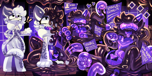 after_transformation anthro big_bulge bodily_fluids bulge drone dronification drooling glistening glistening_body hypnosis hypnotic_visor latex liquid_latex male mind_control null_bulge pawpads paws purple_body saliva solo tail transformation transformation_sequence latexm4n absurd_res hi_res sequence