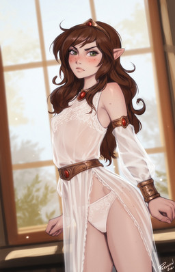 breasts brown_hair clothed clothed_female clothed_humanoid clothing day female female_humanoid fingernails fingers freckles front_view green_eyes gusset hair inside looking_at_viewer nails not_furry panties pointy_ears small_breasts solo standing underwear window personalami gwenyvere_(malberrybush) elf humanoid 2025 digital_drawing_(artwork) digital_media_(artwork) hi_res