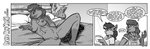 2021 anthro barb_castor bat beaver bed bedroom_eyes brave_new_world_(style_wager) breasts chest_tuft clothed clothing comic dialogue duo english_text female fur furniture genitals hair international_beaver_day lying mammal monochrome narrowed_eyes navel nipples nude on_back overalls pillow pussy rodent sasha_gothica seductive spread_legs spreading style_wager text tuft wingless_bat