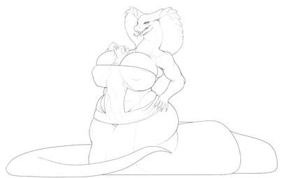 anthro apode between_breasts big_breasts breasts clothing duo female forked_tongue girdle hand_on_hip huge_breasts inside_clothing larger_female latex latex_clothing legless male male/female serpentine size_difference smaller_male snake_hood tongue trapped_in_clothing kasdal huttser-coyote_(character) yesenia_(character) canid canine canis cobra coyote draconcopode mammal naga reptile scalie snake hi_res monochrome