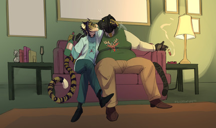 age_difference anthro ashtray christmas_clothing christmas_sweater christmas_topwear cigar clothing detailed_background duo furniture holidays kissing lamp male male/male obese obese_anthro obese_male older_male on_sofa overweight overweight_anthro overweight_male size_difference sofa sweater topwear wine_bottle twistedteeth christmas cheetah felid feline jaguar mammal pantherine hi_res trans_(lore) trans_man_(lore)