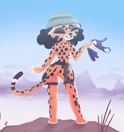 anthro armor back_boob biped black_hair breasts butt clothing day eyes_closed female floating_eyebrows fur hair headgear headgear_only helmet helmet_only holding_clothing holding_object markings mostly_nude_anthro mostly_nude_female mountain orange_body orange_fur outside rear_view sky smile solo spots spotted_body standing tail pusszone talibah_(pusszone) cheetah felid feline mammal 2026 digital_drawing_(artwork) digital_media_(artwork) english_description film_grain hi_res