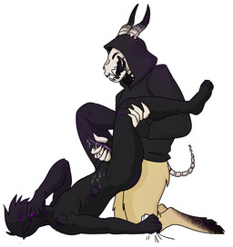 anal anal_penetration anthro bite_mark black_body bodily_fluids clothing cum cum_on_self duo fur genital_fluids grabbing_sheets hand_on_mouth handjob handjob_while_penetrating hoodie horn looking_pleasured male male/male open_mouth penetration penile penile_penetration penis_in_ass purple_eyes sex simple_background tail tongue tongue_out topwear white_background conop-8888 bovid caprine caprine_demon demon goat_demon mammal 2018