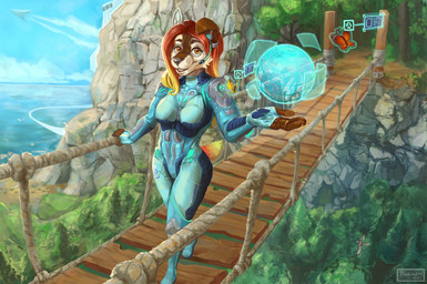 anthro bodysuit breasts clothing earpiece female looking_at_viewer outside skinsuit solo spacecraft standing technology tight_clothing vehicle wide_hips tsukinori canid canine mammal